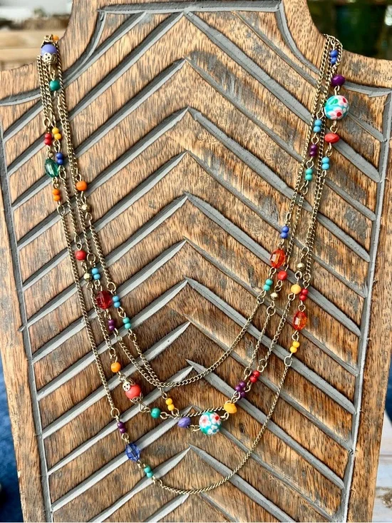 2pc Necklace Set Teal Beaded Long, Multicolor Double Strand, Boho Festival - Picture 2 of 16